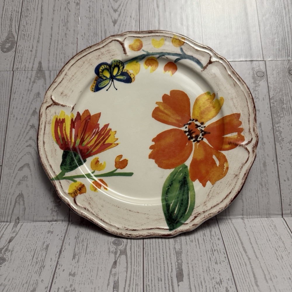 Sur La Table Salad Plate 8.5" Poppy‎ Brushstroke Scalloped Rim Flowers Butterfly